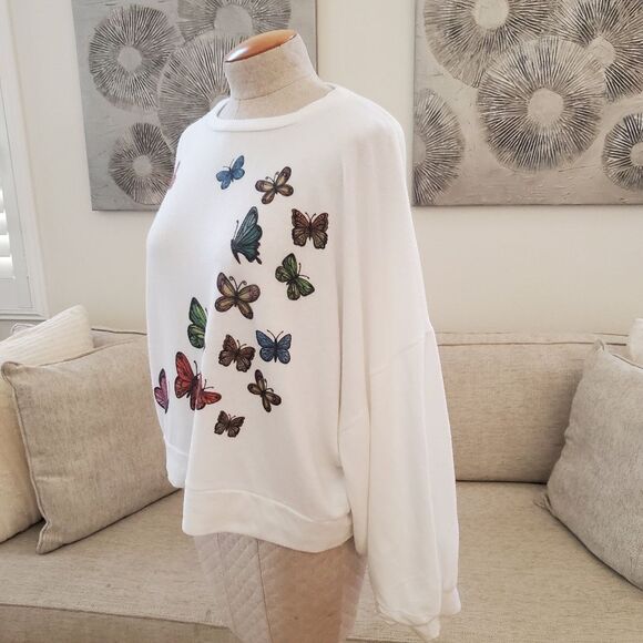 Go Couture Cartoon Butterflies Crewneck Dolman Balloon Sleeves Sweater sz Small - Picture 4 of 10